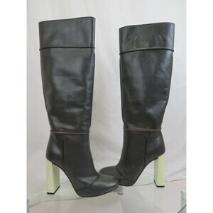 NEW FENDI DARK GRAY MIKADO LEATHER PULL ON CONTRAST HEEL TALL BOOTS 37.5 $1550